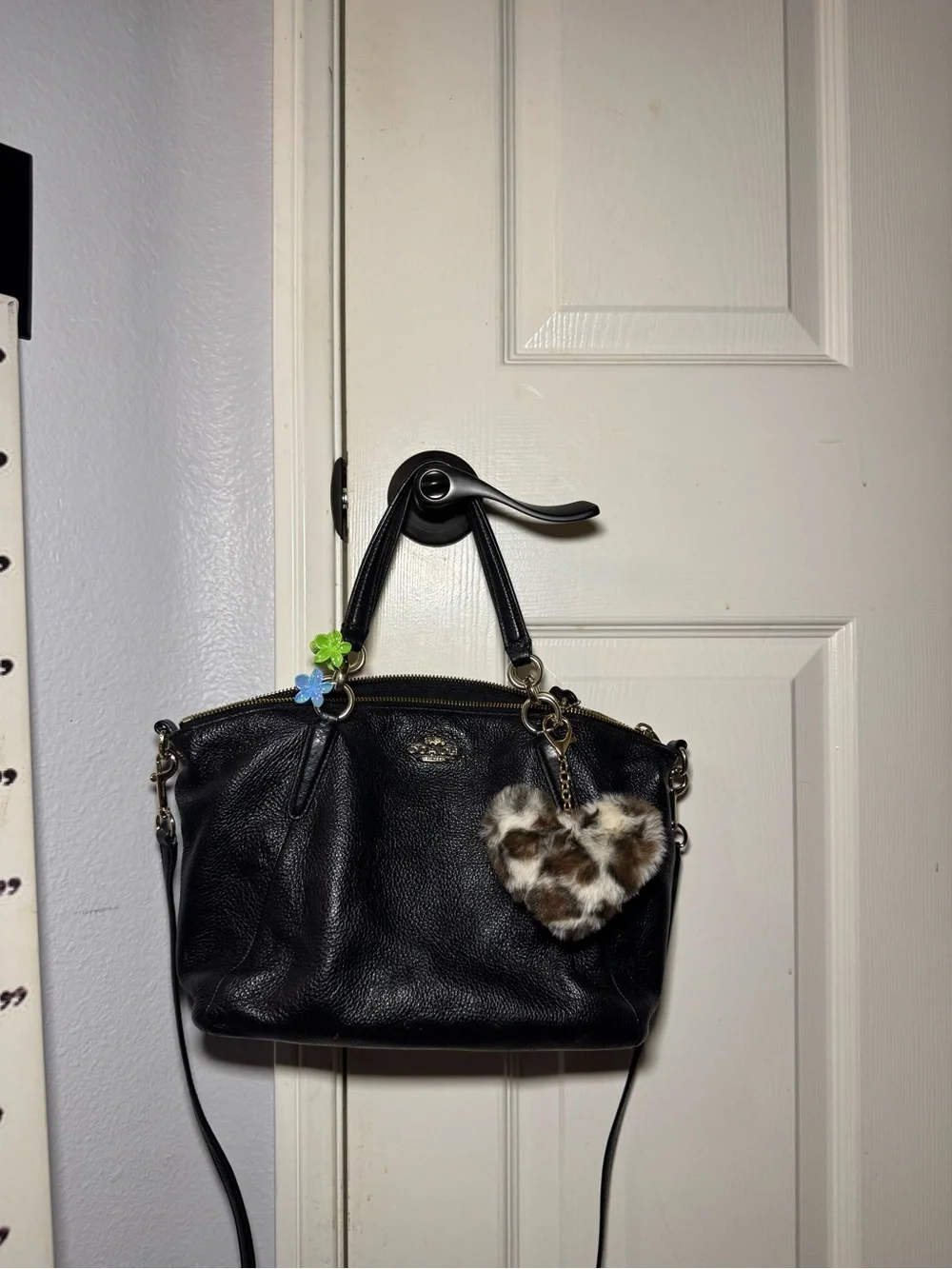 Coach Black Leather Satchel with Fur Heart Charm